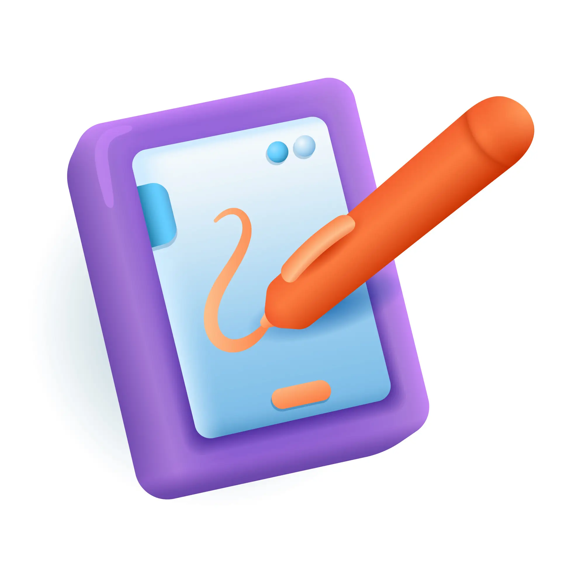 purple phone or tablet with orange stylus 3d illustration